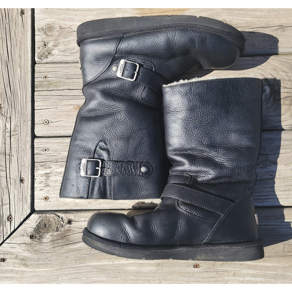 UGG 5678 Kensington Black Leather Shearling Biker Buckle Moto Boots Women Sz 10 - Picture 2 of 13